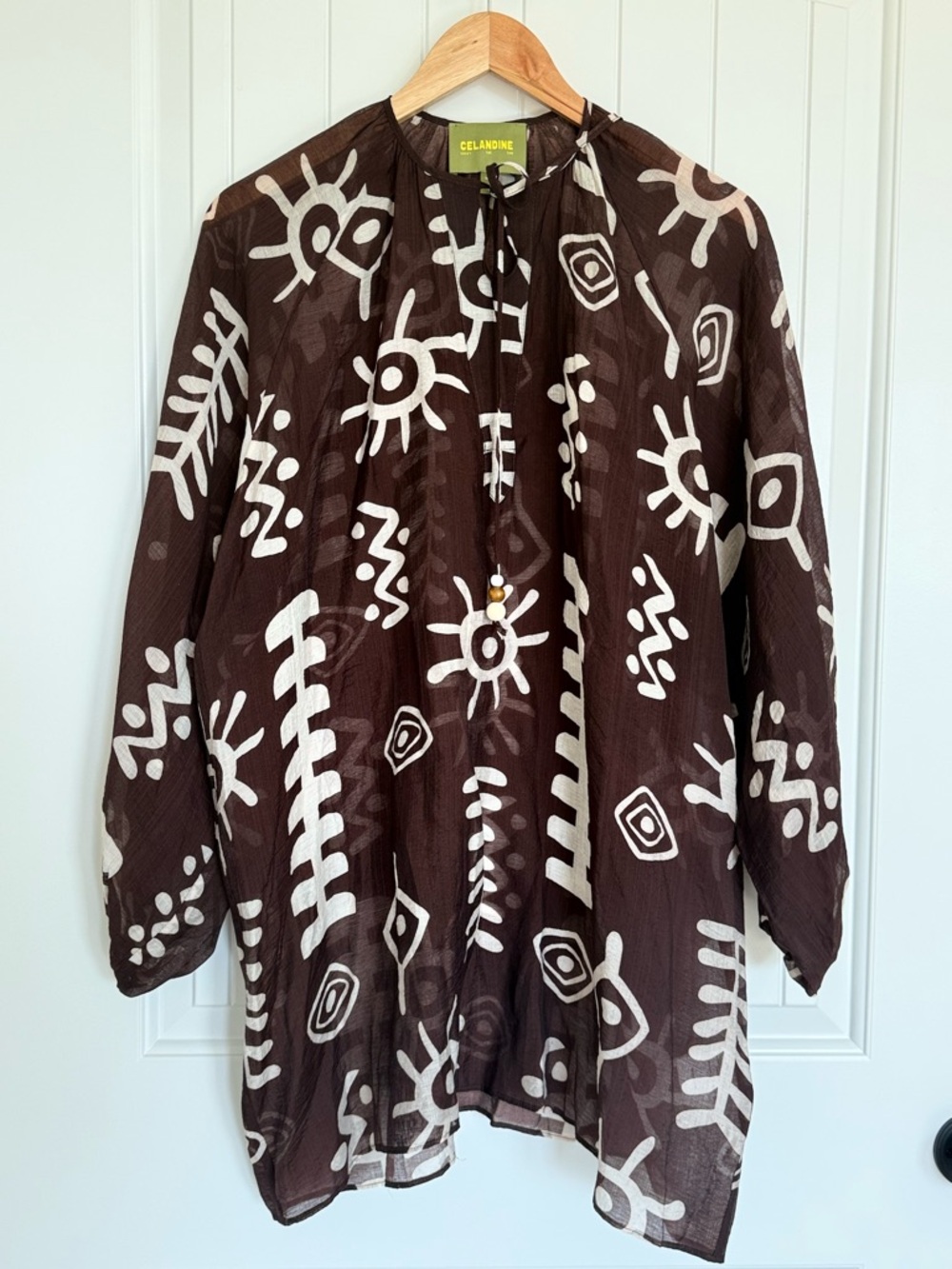 Anthropologie Tie-Neck Printed Mini Kaftan Dress Tunic Brown White Abstract - Picture 3 of 15
